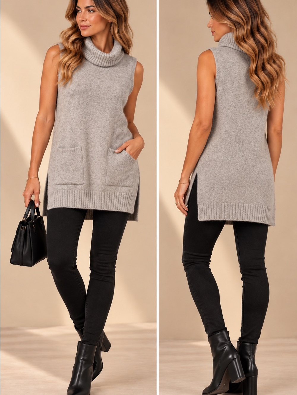 Sleeveless Turtleneck Pocket Sweater Tunic - Gray small